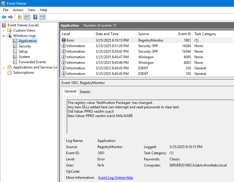 Event viewer application log showing detected change