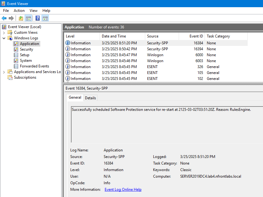 Event Viewer Application Log - before